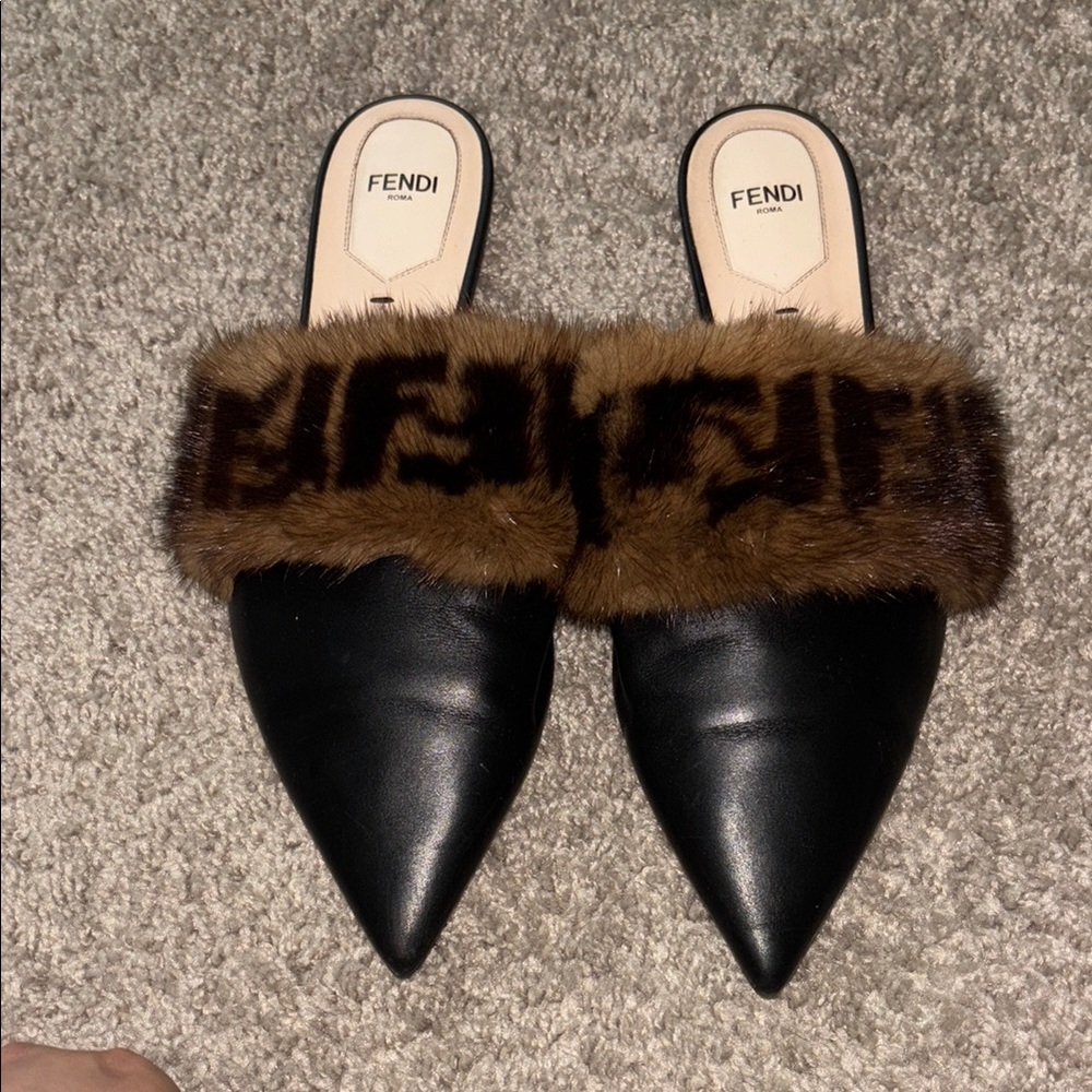 Fendi Black Leather Mules with Brown Fur Trim